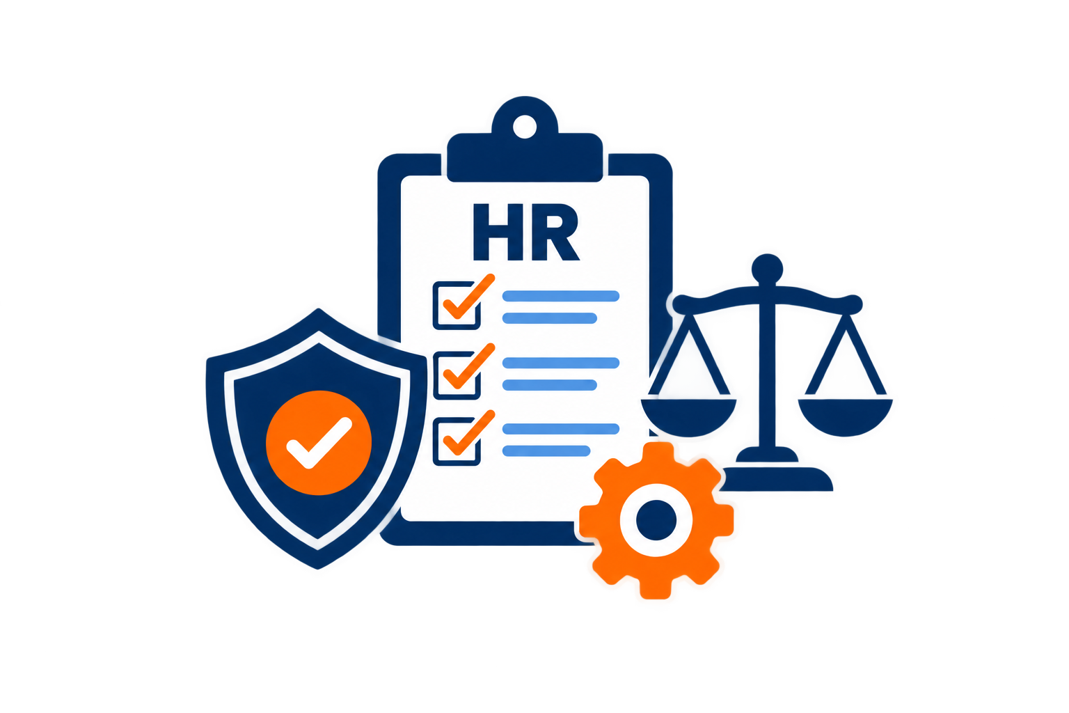 HR compliance checklist with shield, scales, and settings icon